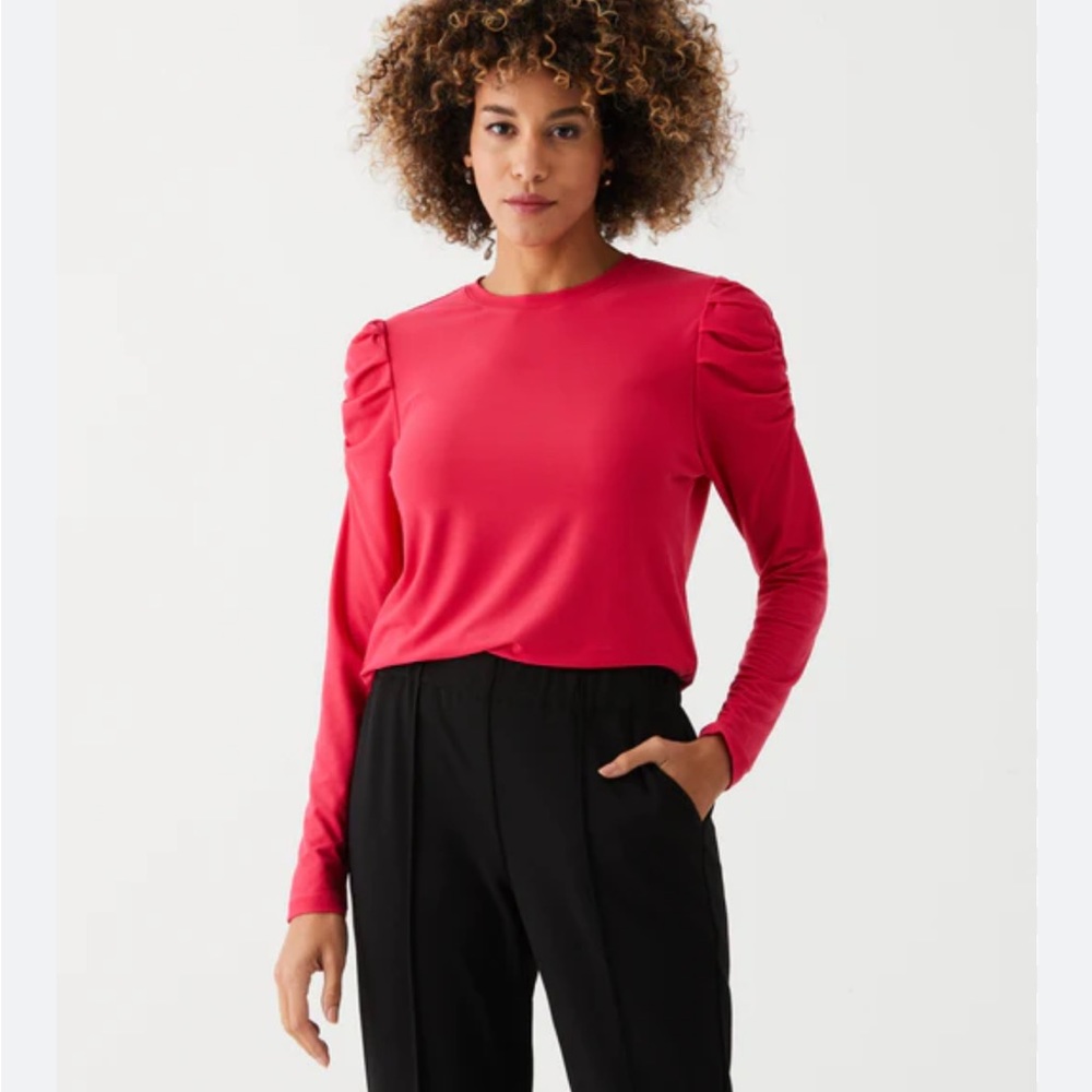Rebecca Taylor Puff Shoulder Top Women's Hot Pink Solid Crew Neck Long Sleeve H4